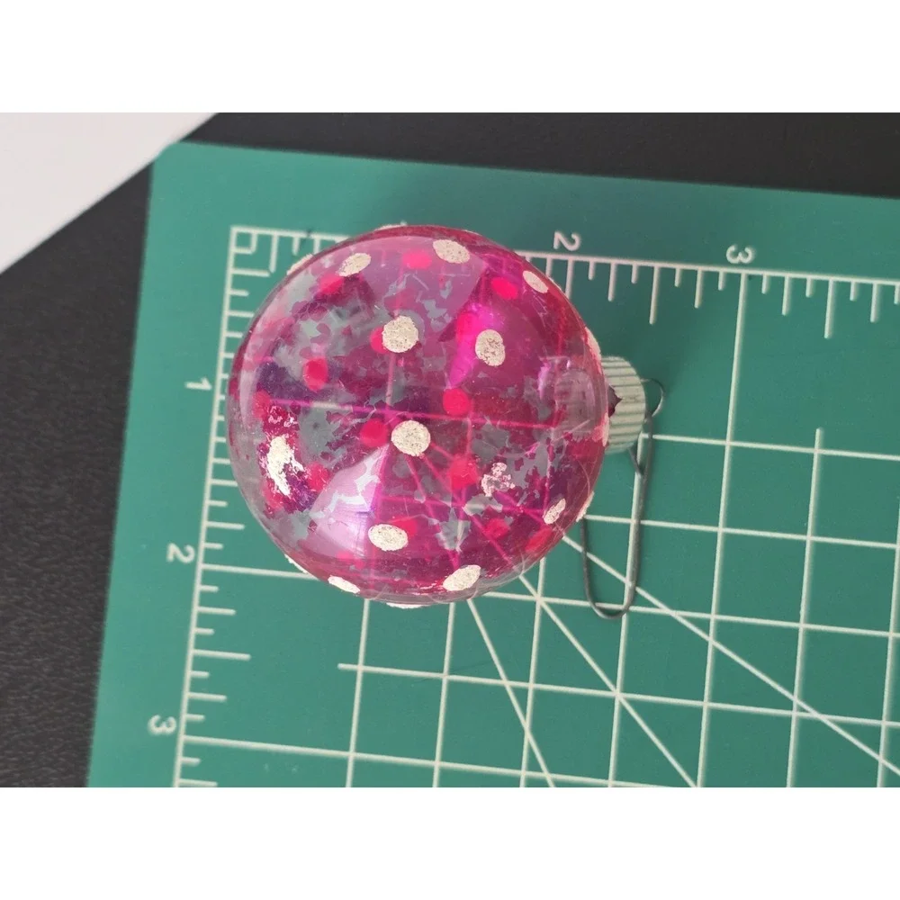 Vtg Shiny Brite Pink White Flocked UNSILVERED glass CHRISTMAS ORNAMENT Polkadot